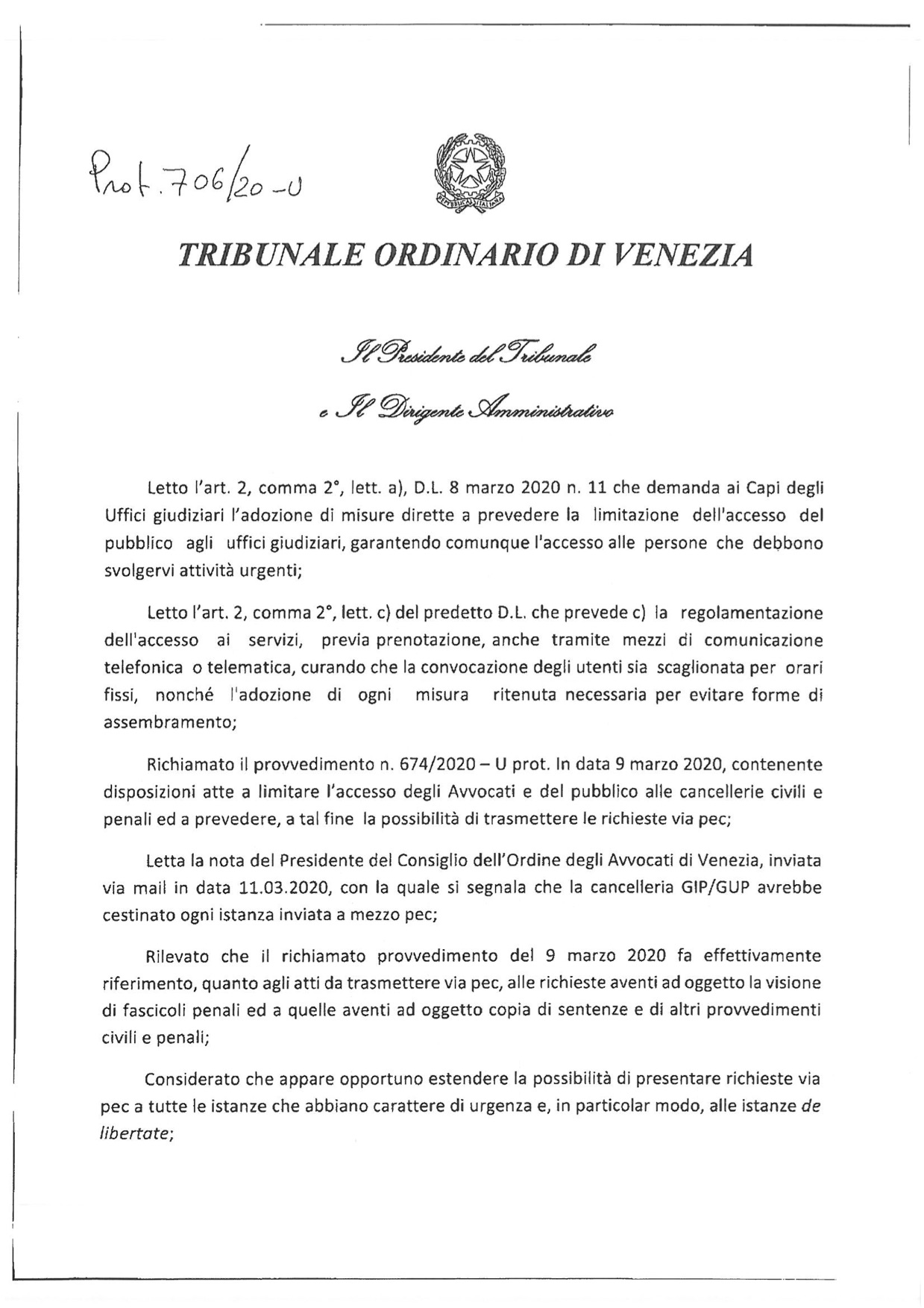 Provvedimento Presidente del Tribunale di Venezia 11.03.2020